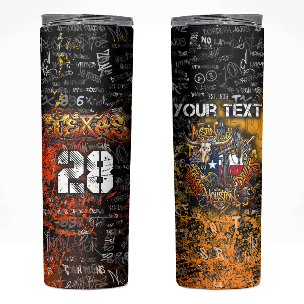 Personalized Texas State Pride Skinny Tumbler Urban Graffiti Style - Longhorn Skull - Oil Derrick Graphic