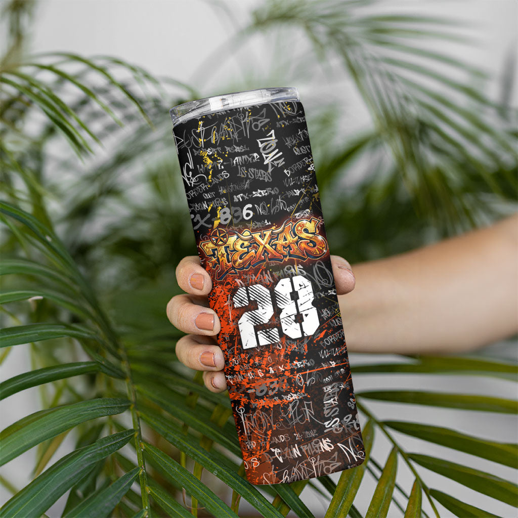 Personalized Texas State Pride Skinny Tumbler Urban Graffiti Style - Longhorn Skull - Oil Derrick Graphic