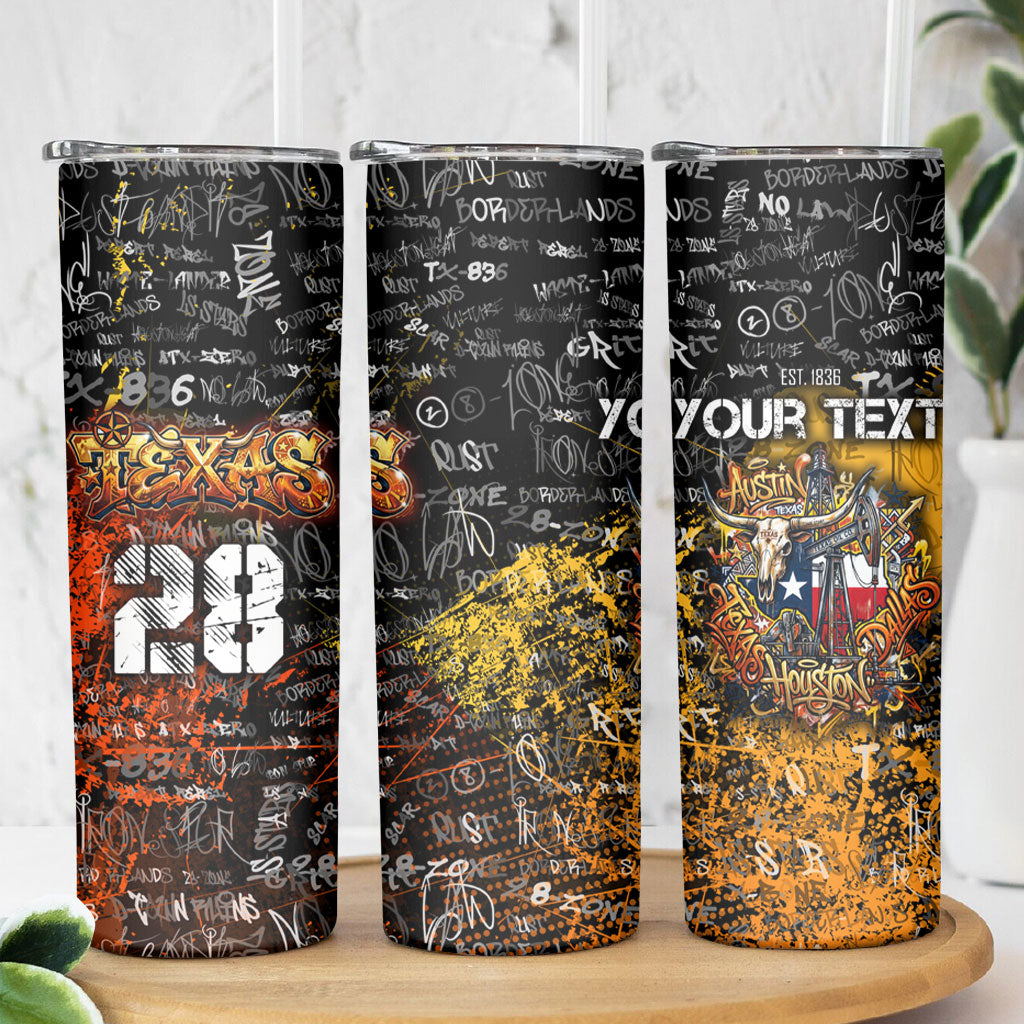 Personalized Texas State Pride Skinny Tumbler Urban Graffiti Style - Longhorn Skull - Oil Derrick Graphic