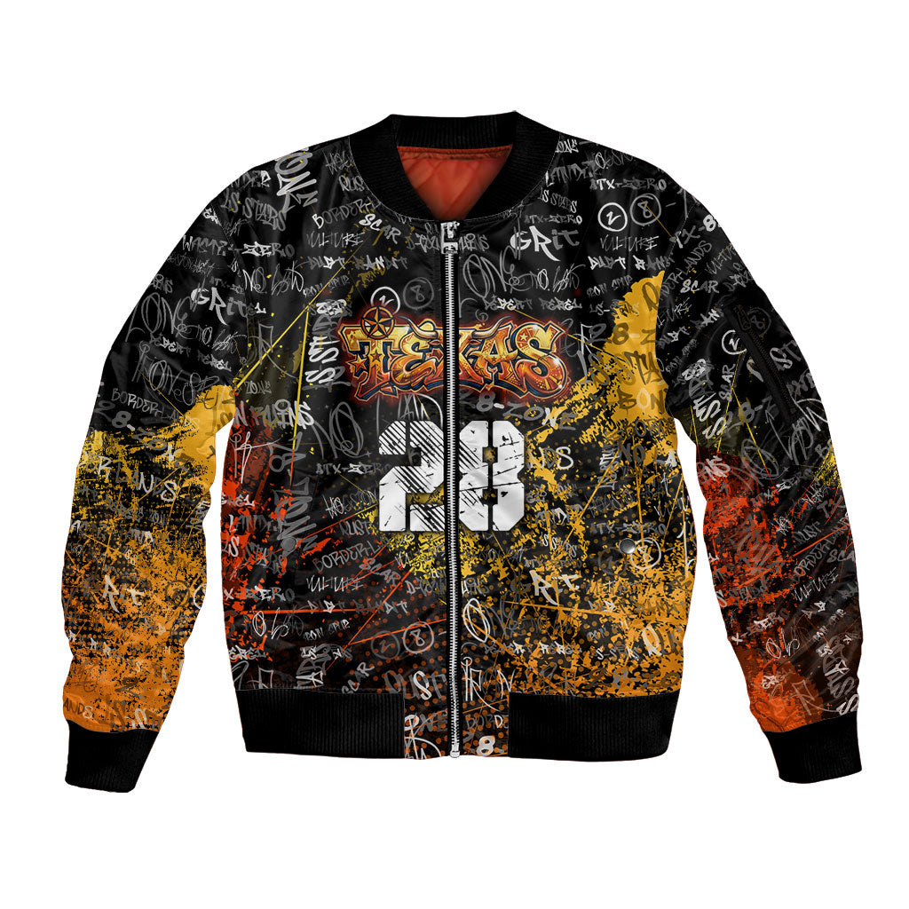 Personalized Texas State Pride Sleeve Zip Bomber Jacket Urban Graffiti Style - Longhorn Skull - Oil Derrick Graphic
