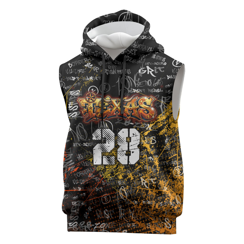 Personalized Texas State Pride Sleeveless Hoodie Urban Graffiti Style - Longhorn Skull - Oil Derrick Graphic