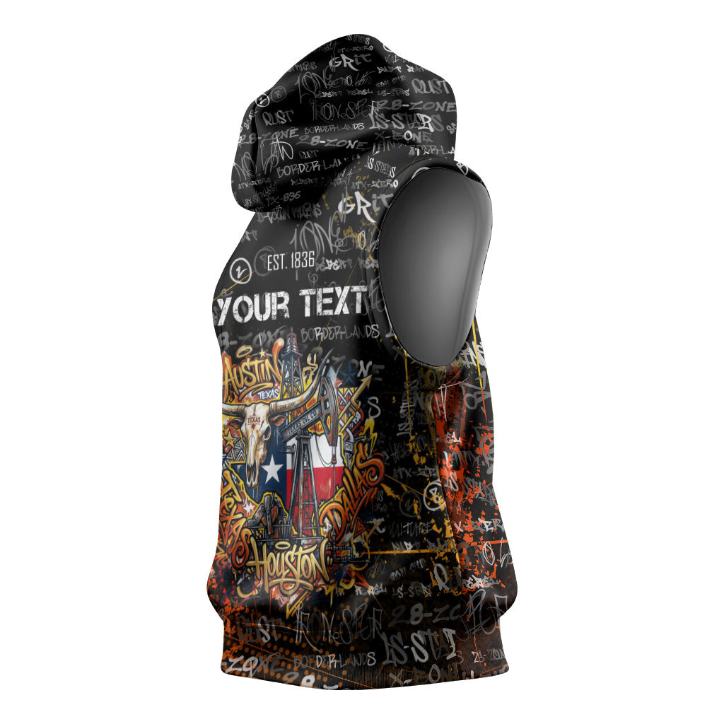 Personalized Texas State Pride Sleeveless Hoodie Urban Graffiti Style - Longhorn Skull - Oil Derrick Graphic
