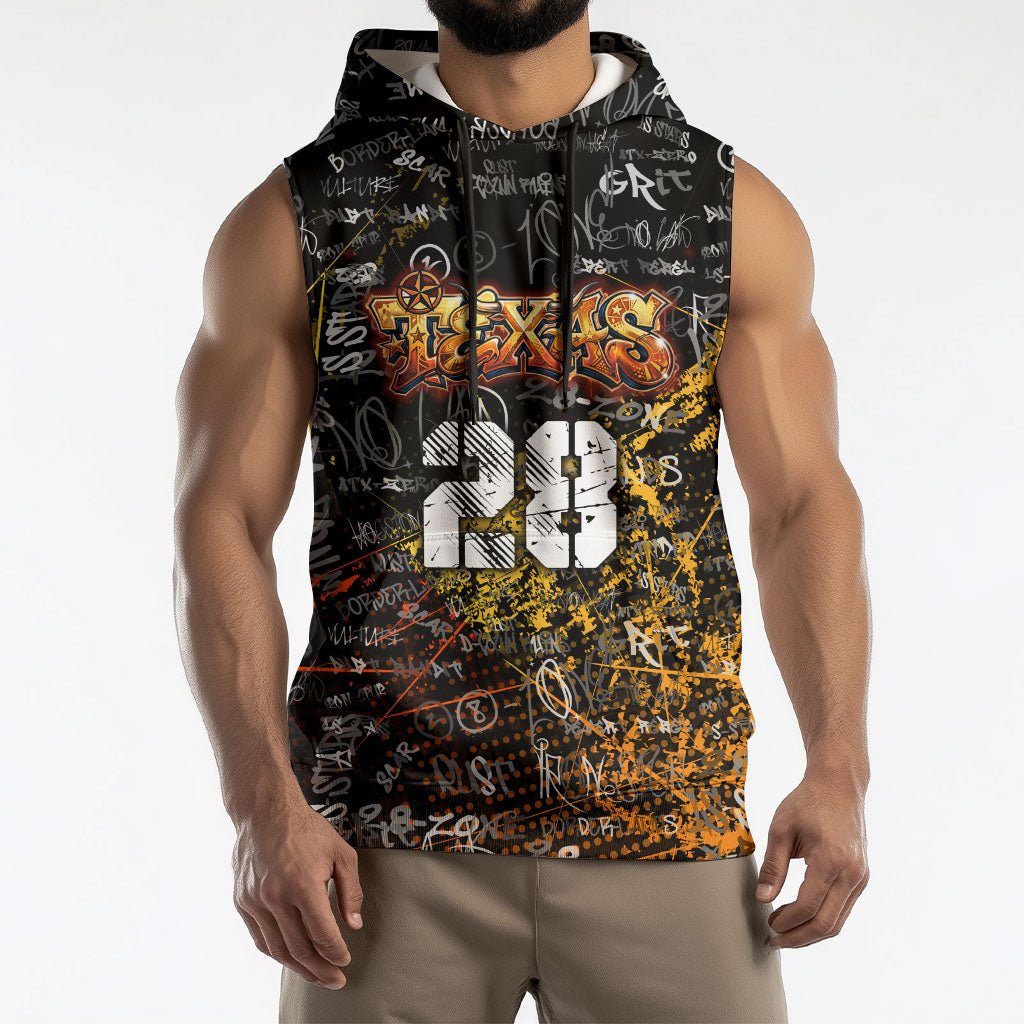 Personalized Texas State Pride Sleeveless Hoodie Urban Graffiti Style - Longhorn Skull - Oil Derrick Graphic
