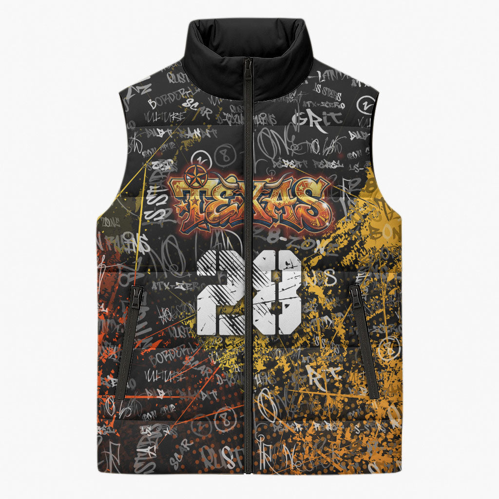 Personalized Texas State Pride Sleeveless Puffer Jacket Urban Graffiti Style - Longhorn Skull - Oil Derrick Graphic