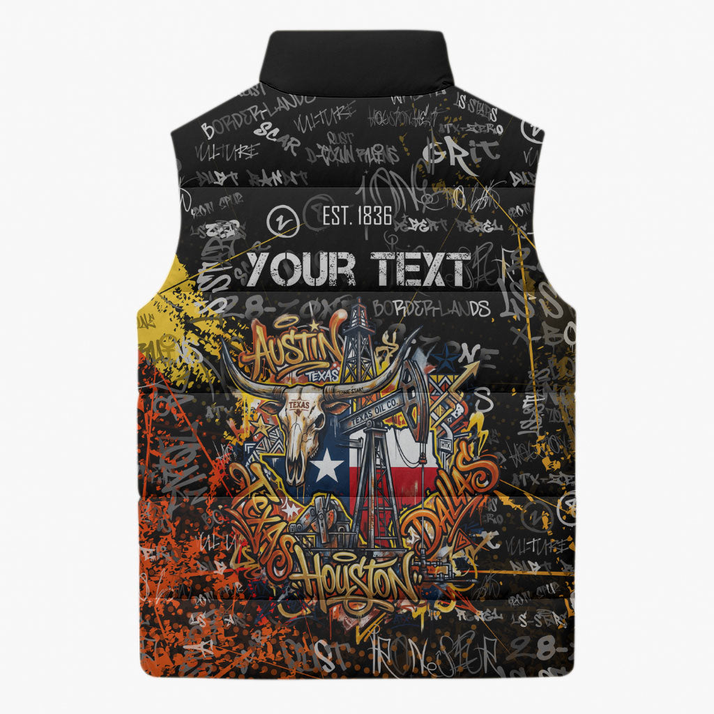 Personalized Texas State Pride Sleeveless Puffer Jacket Urban Graffiti Style - Longhorn Skull - Oil Derrick Graphic