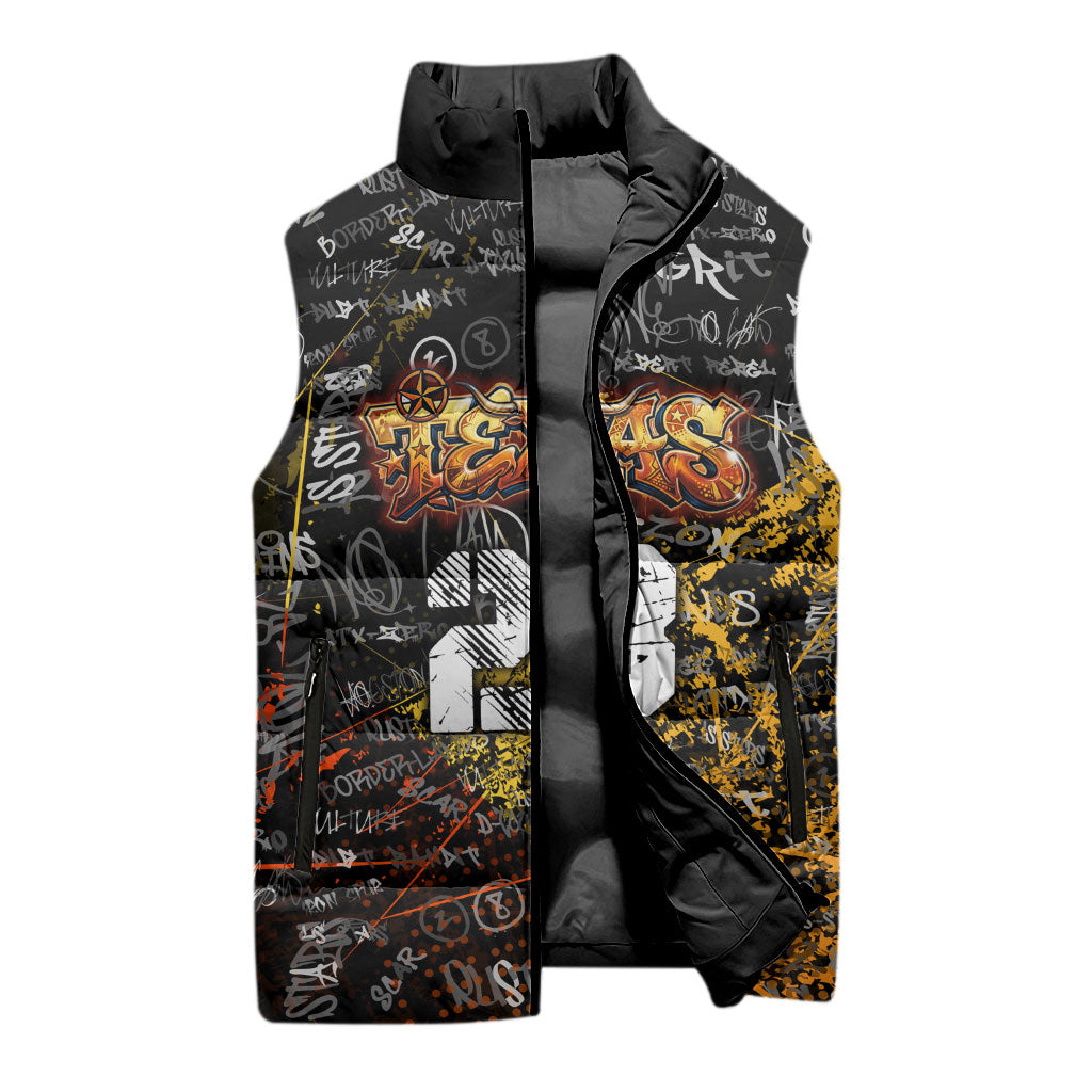 Personalized Texas State Pride Sleeveless Puffer Jacket Urban Graffiti Style - Longhorn Skull - Oil Derrick Graphic