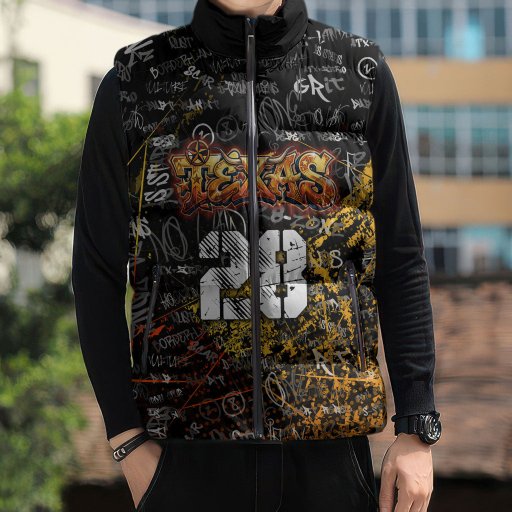 Personalized Texas State Pride Sleeveless Puffer Jacket Urban Graffiti Style - Longhorn Skull - Oil Derrick Graphic