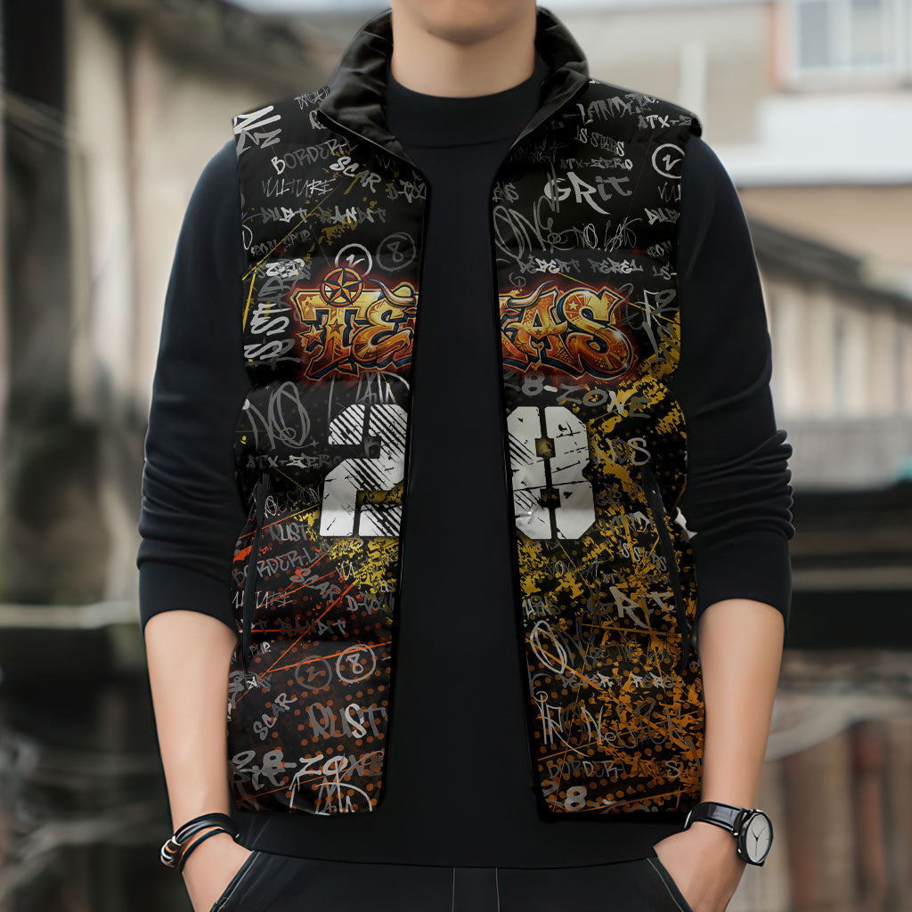 Personalized Texas State Pride Sleeveless Puffer Jacket Urban Graffiti Style - Longhorn Skull - Oil Derrick Graphic