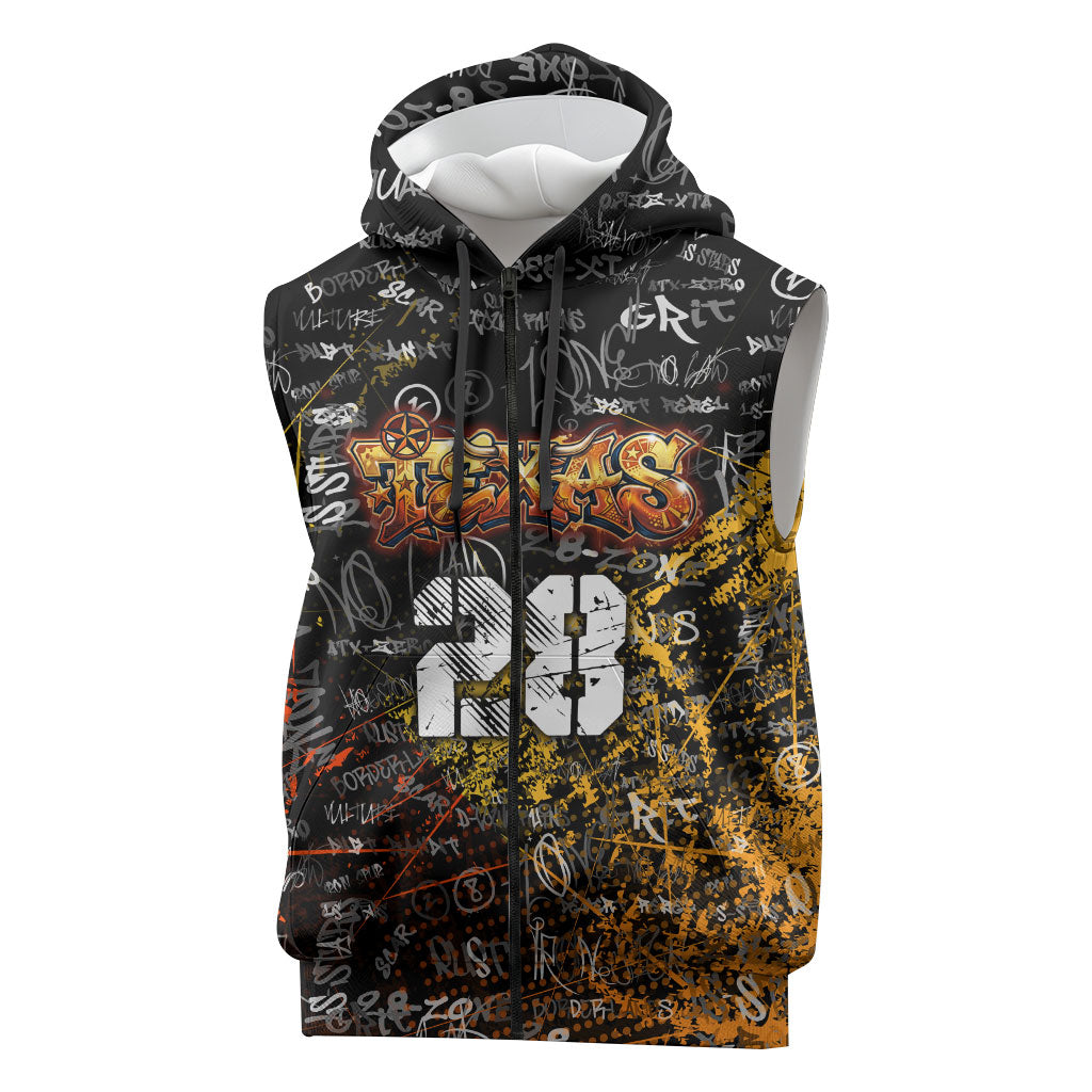 Personalized Texas State Pride Sleeveless Zip Hoodie Urban Graffiti Style - Longhorn Skull - Oil Derrick Graphic