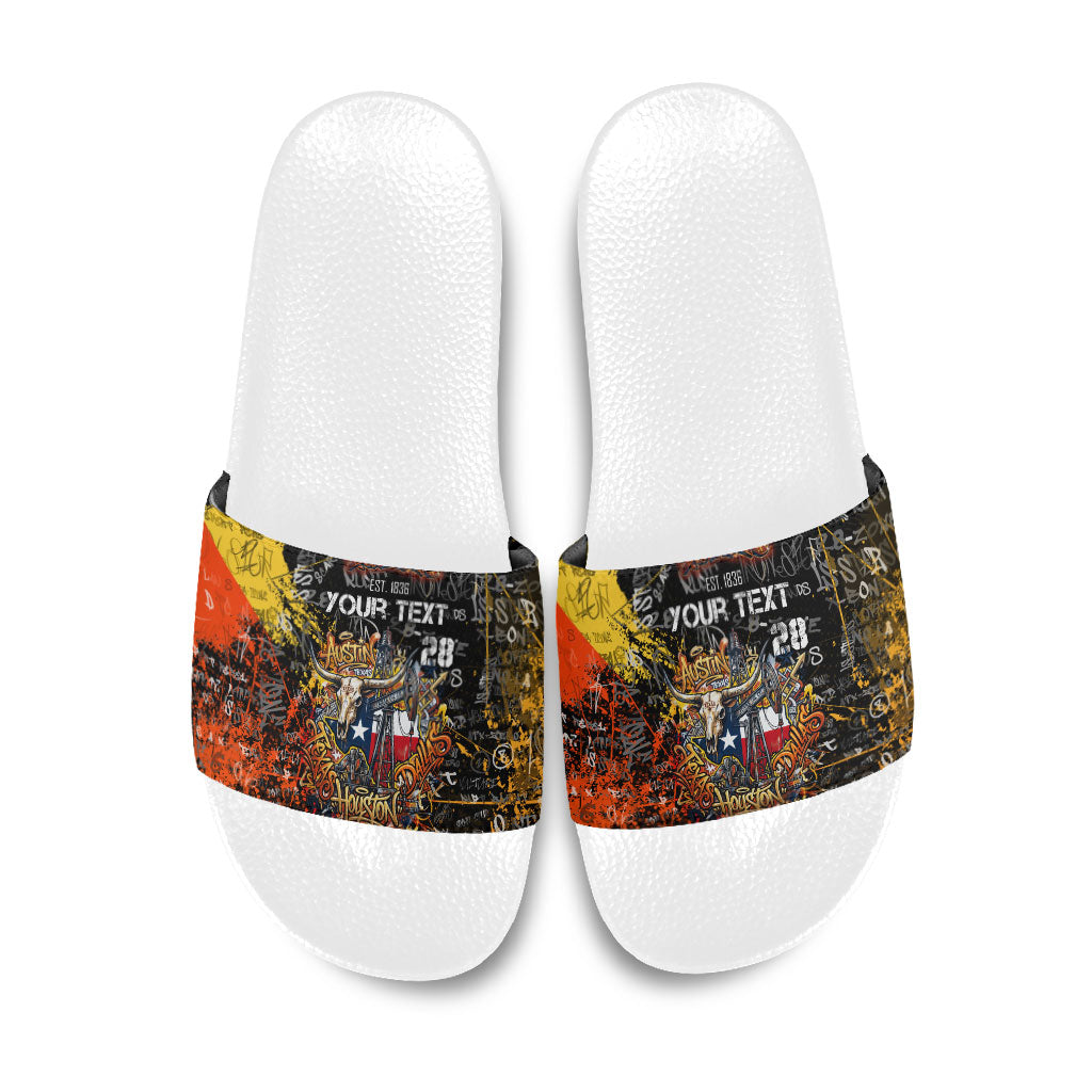 Personalized Texas State Pride Slide Sandals Urban Graffiti Style - Longhorn Skull - Oil Derrick Graphic