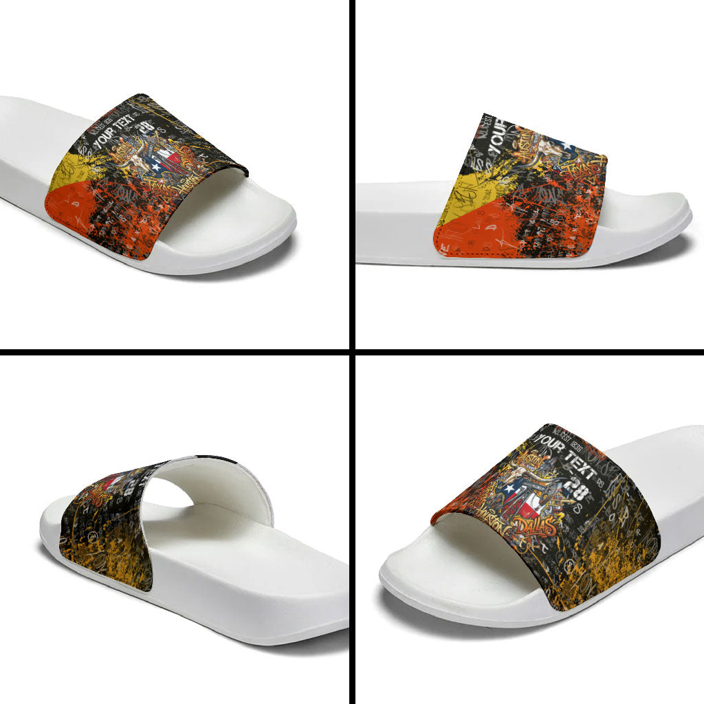 Personalized Texas State Pride Slide Sandals Urban Graffiti Style - Longhorn Skull - Oil Derrick Graphic