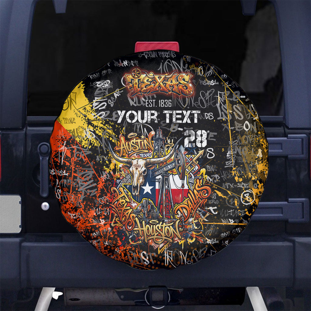 Personalized Texas State Pride Spare Tire Cover Urban Graffiti Style - Longhorn Skull - Oil Derrick Graphic