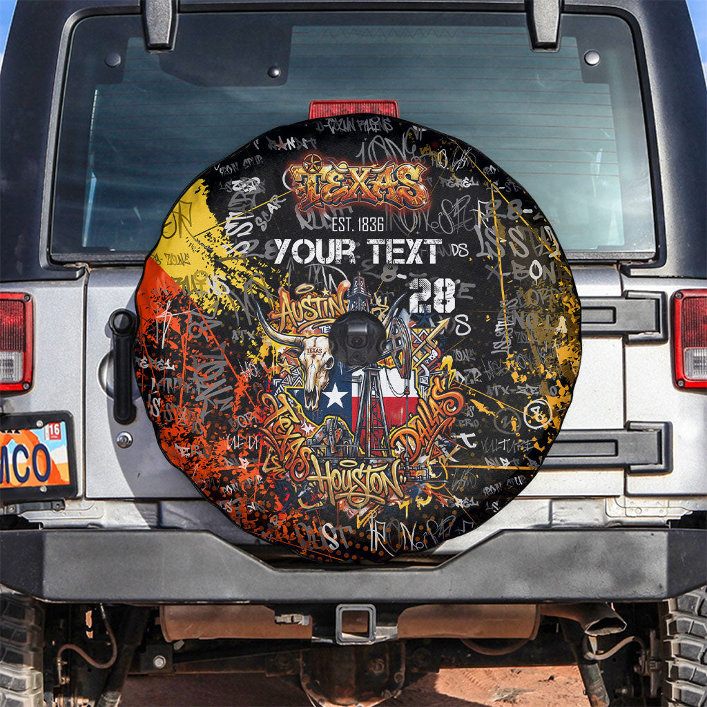 Personalized Texas State Pride Spare Tire Cover Urban Graffiti Style - Longhorn Skull - Oil Derrick Graphic