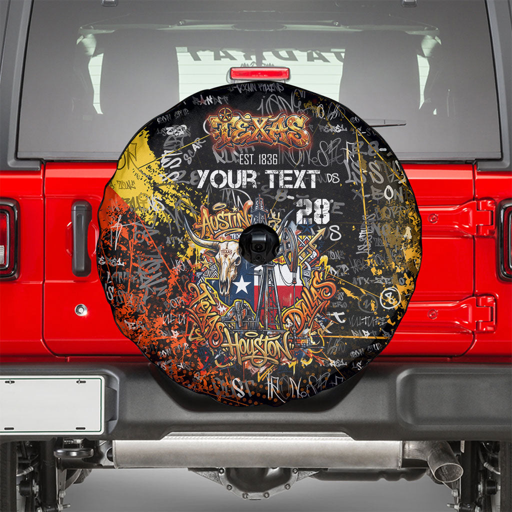 Personalized Texas State Pride Spare Tire Cover Urban Graffiti Style - Longhorn Skull - Oil Derrick Graphic