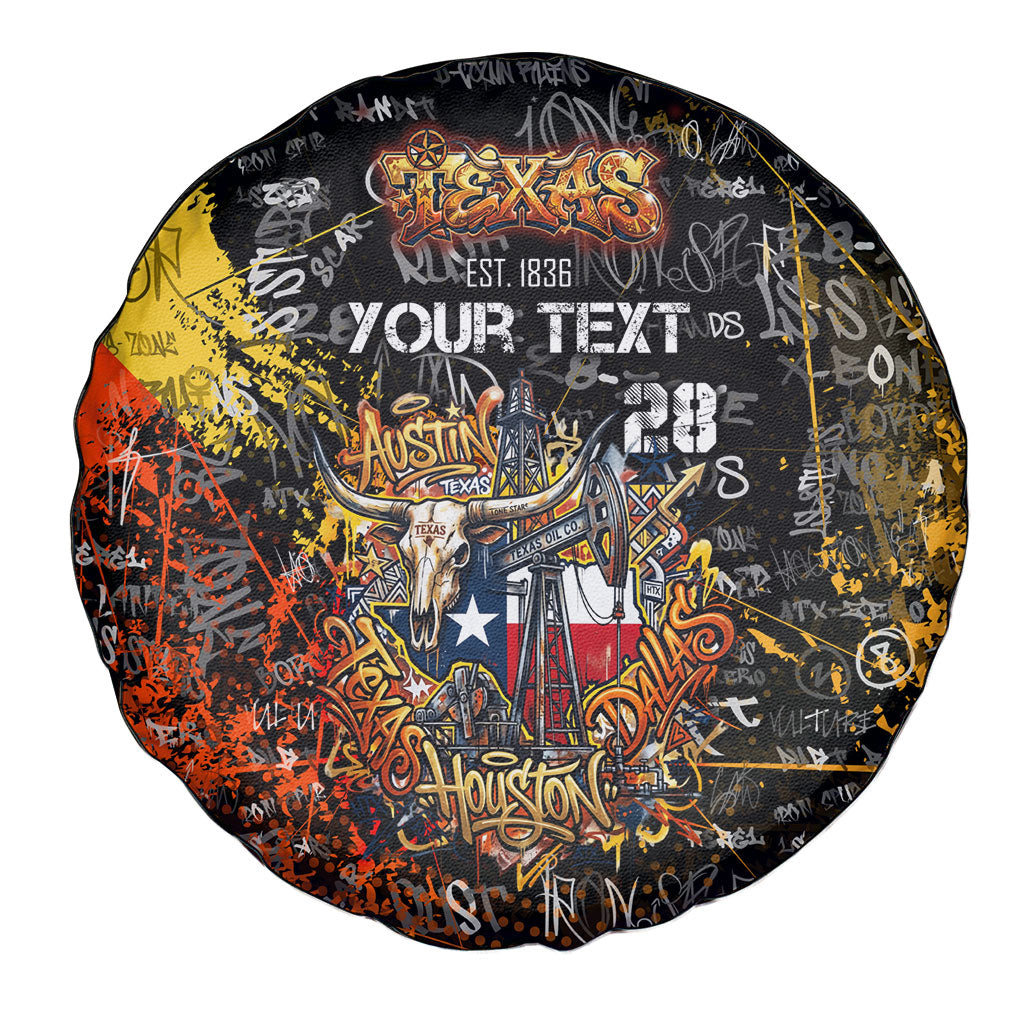 Personalized Texas State Pride Spare Tire Cover Urban Graffiti Style - Longhorn Skull - Oil Derrick Graphic