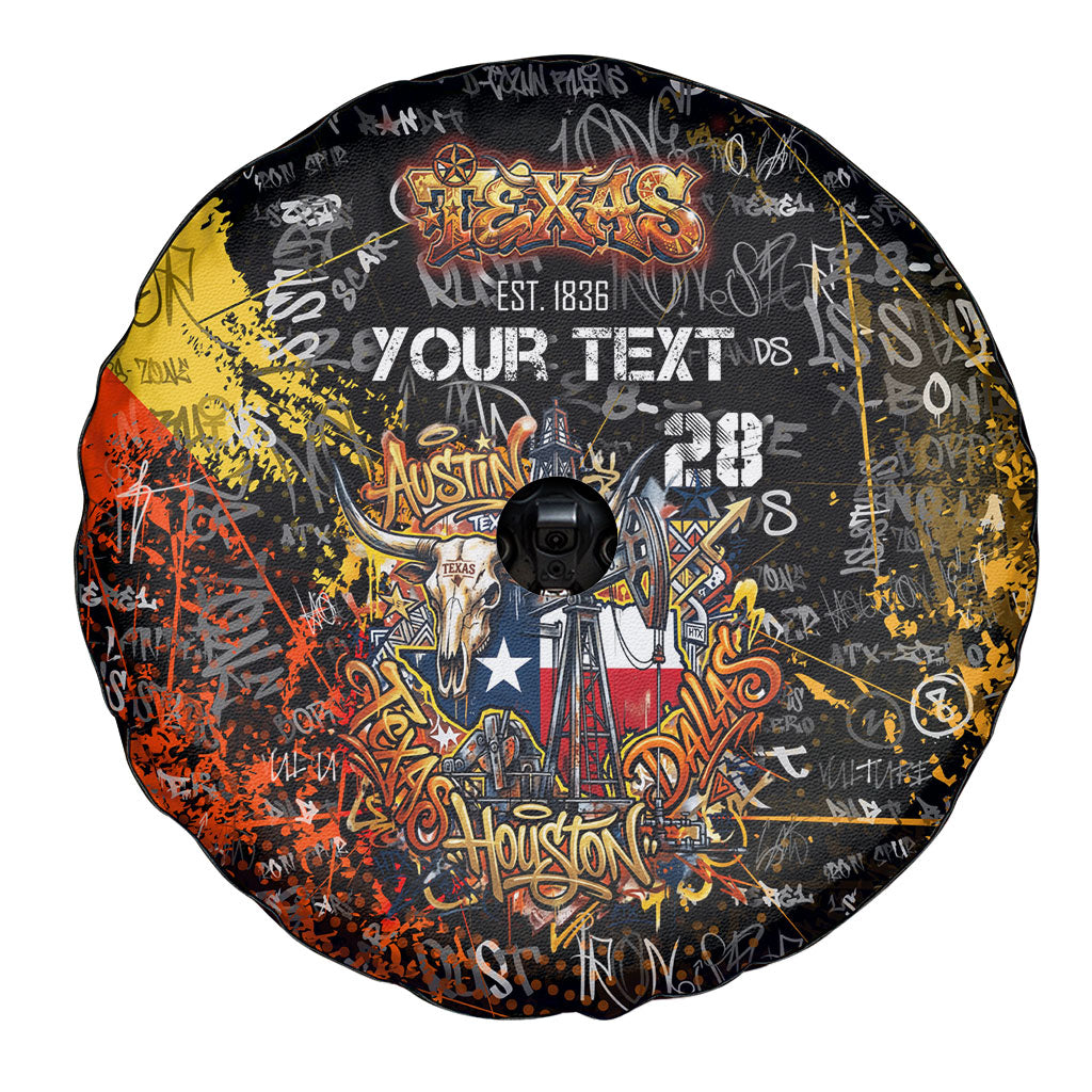 Personalized Texas State Pride Spare Tire Cover Urban Graffiti Style - Longhorn Skull - Oil Derrick Graphic