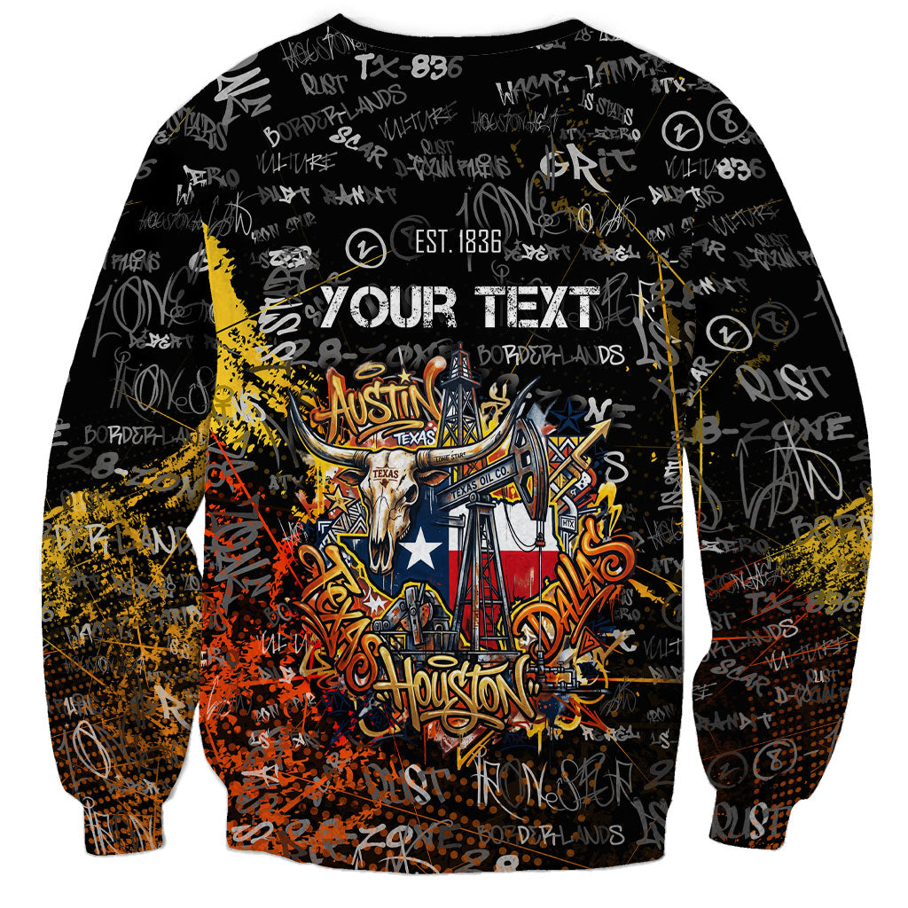Personalized Texas State Pride Sweatshirt Urban Graffiti Style - Longhorn Skull - Oil Derrick Graphic