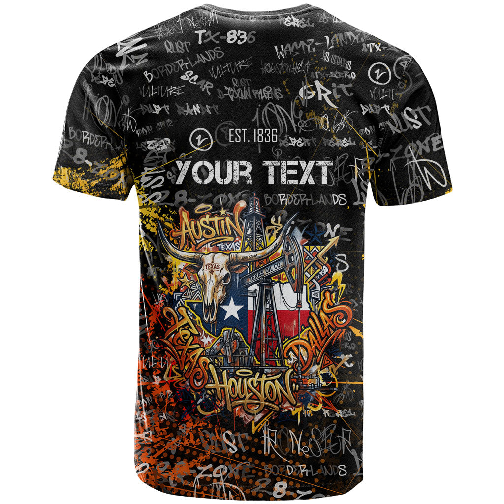 Personalized Texas State Pride T Shirt Urban Graffiti Style - Longhorn Skull - Oil Derrick Graphic