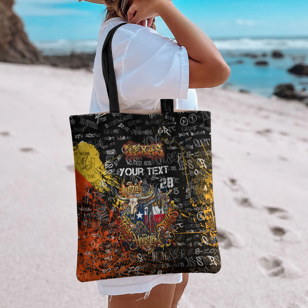 Personalized Texas State Pride Tote Bag Urban Graffiti Style - Longhorn Skull - Oil Derrick Graphic