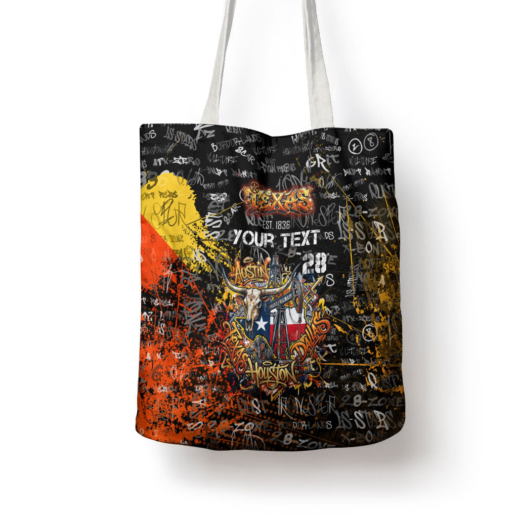 Personalized Texas State Pride Tote Bag Urban Graffiti Style - Longhorn Skull - Oil Derrick Graphic