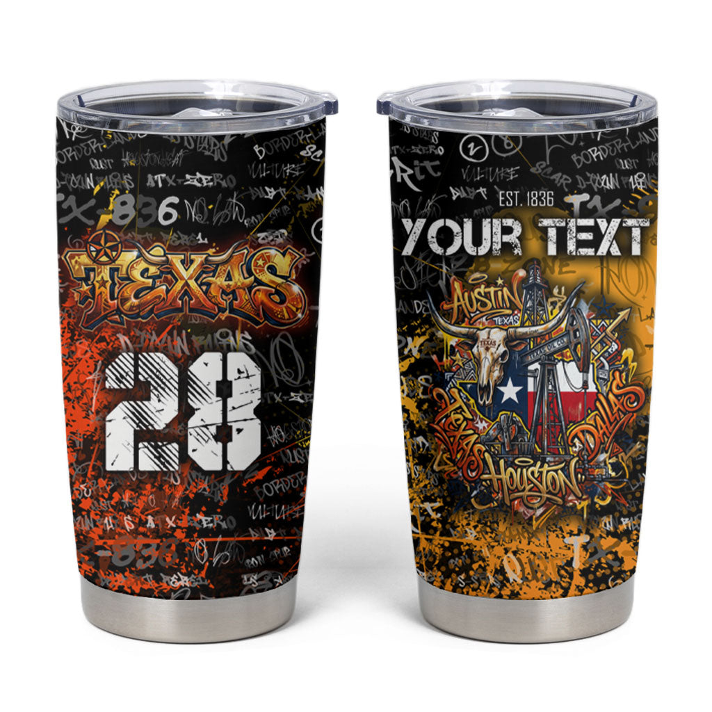Personalized Texas State Pride Tumbler Cup Urban Graffiti Style - Longhorn Skull - Oil Derrick Graphic