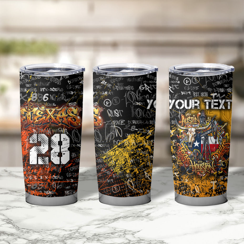 Personalized Texas State Pride Tumbler Cup Urban Graffiti Style - Longhorn Skull - Oil Derrick Graphic
