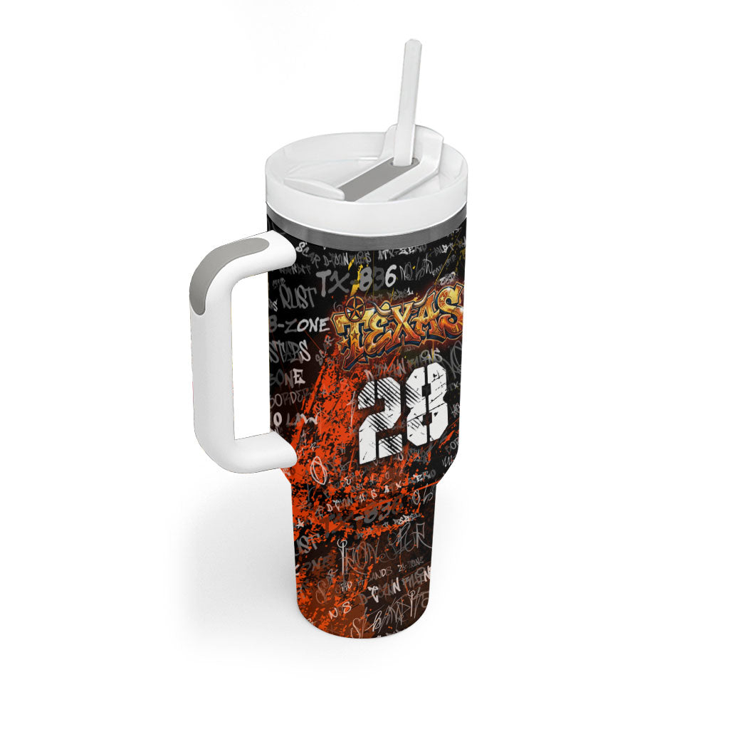 Personalized Texas State Pride Tumbler With Handle Urban Graffiti Style - Longhorn Skull - Oil Derrick Graphic