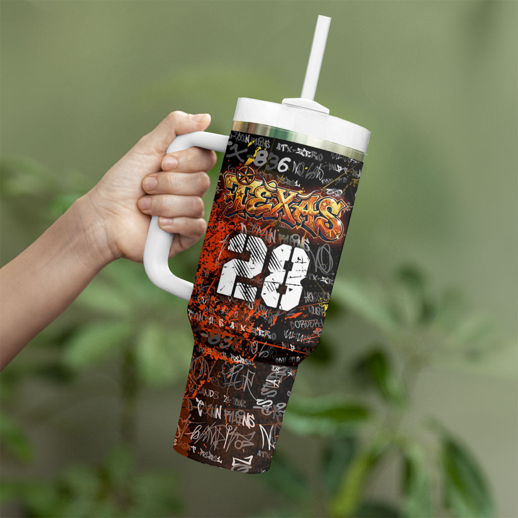 Personalized Texas State Pride Tumbler With Handle Urban Graffiti Style - Longhorn Skull - Oil Derrick Graphic