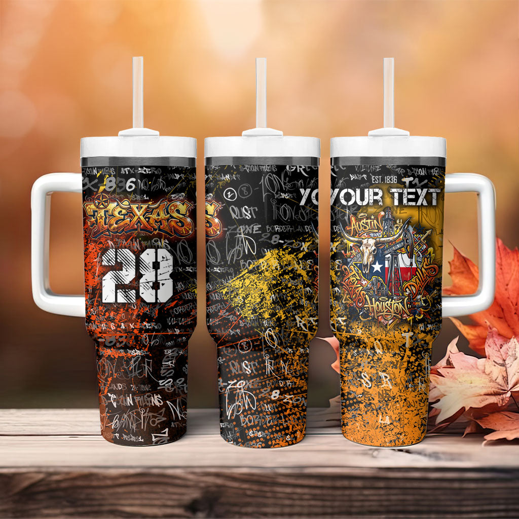 Personalized Texas State Pride Tumbler With Handle Urban Graffiti Style - Longhorn Skull - Oil Derrick Graphic