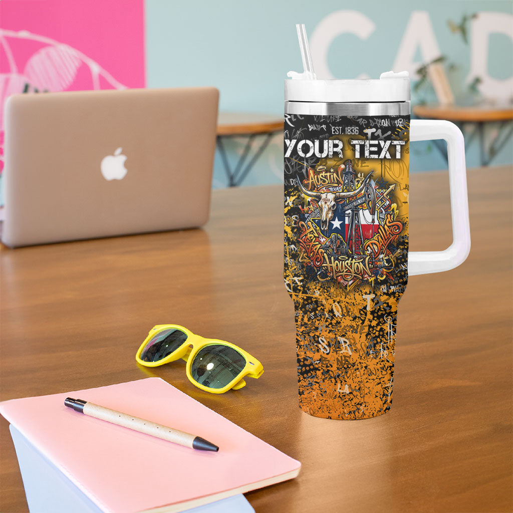 Personalized Texas State Pride Tumbler With Handle Urban Graffiti Style - Longhorn Skull - Oil Derrick Graphic