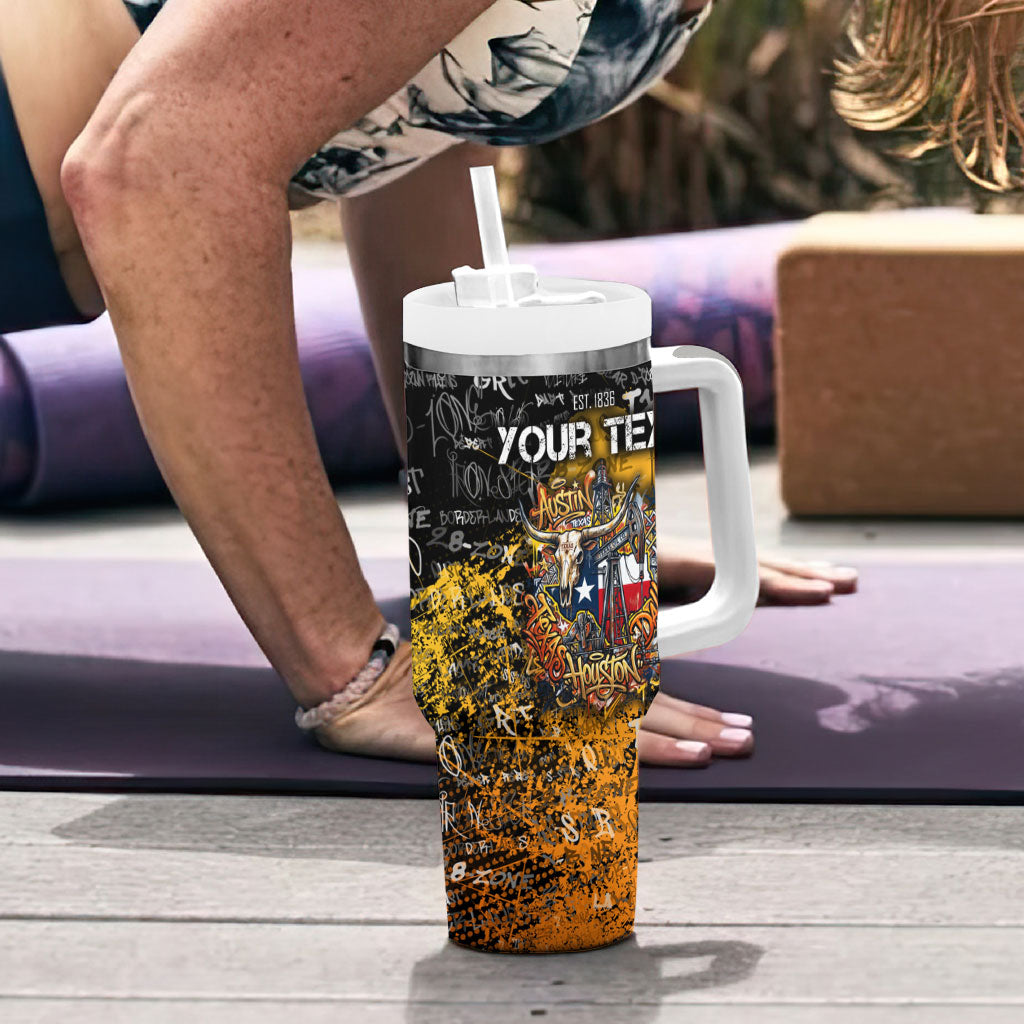 Personalized Texas State Pride Tumbler With Handle Urban Graffiti Style - Longhorn Skull - Oil Derrick Graphic
