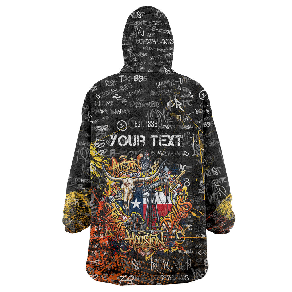 Personalized Texas State Pride Wearable Blanket Hoodie Urban Graffiti Style - Longhorn Skull - Oil Derrick Graphic