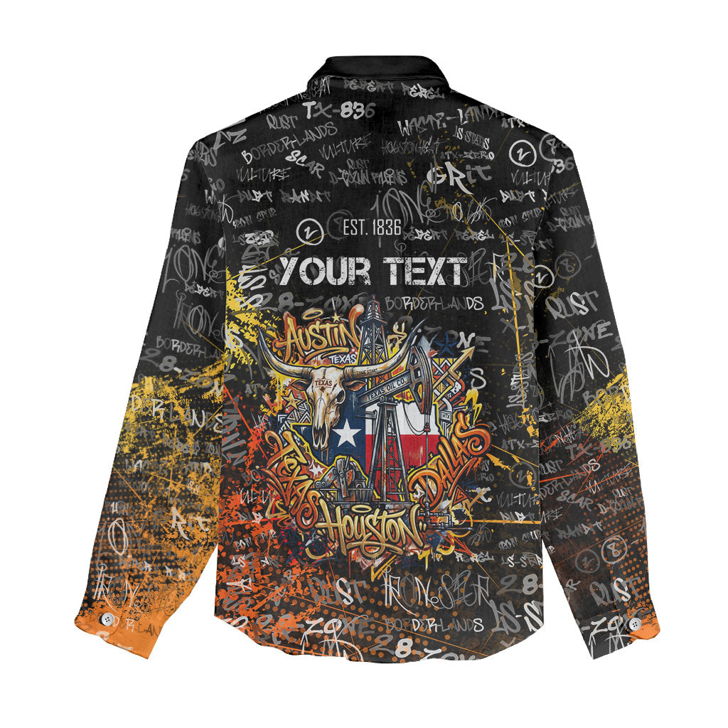 Personalized Texas State Pride Women Casual Shirt Urban Graffiti Style - Longhorn Skull - Oil Derrick Graphic