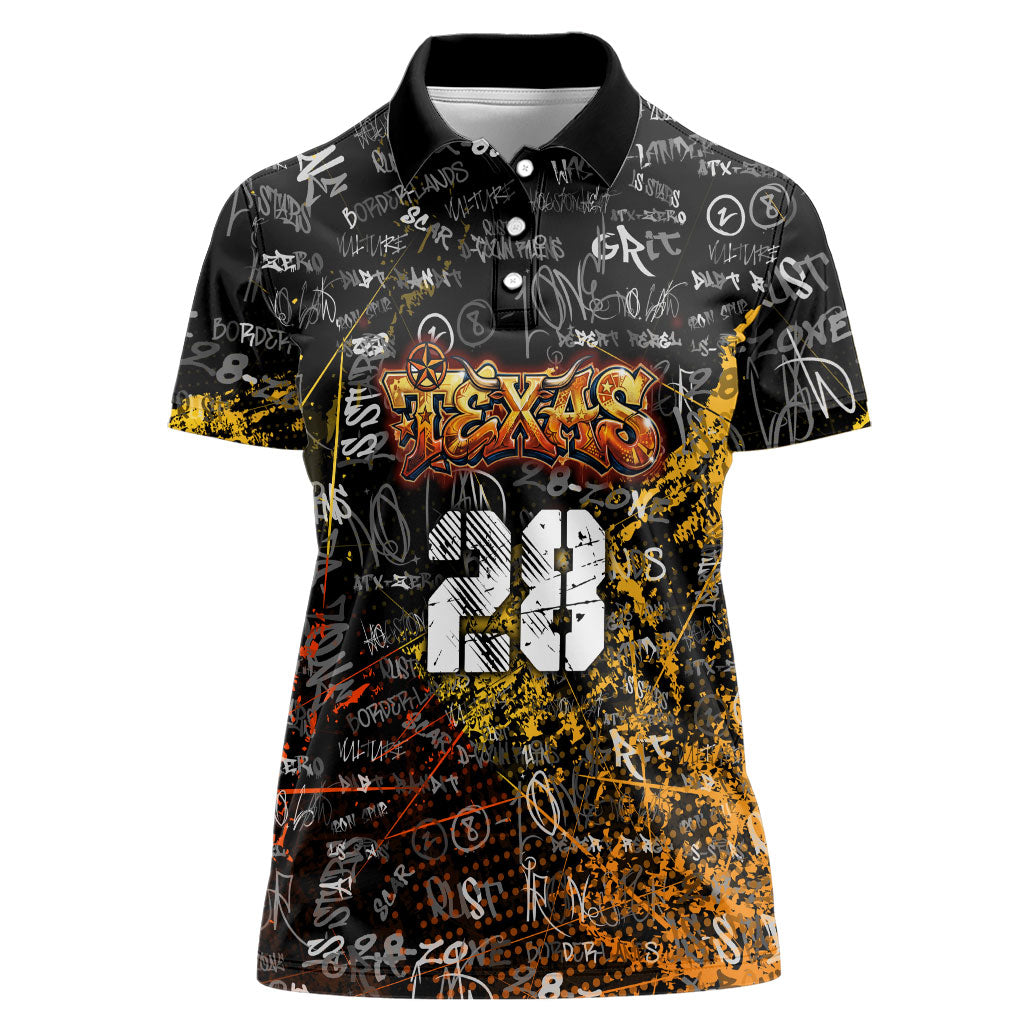 Personalized Texas State Pride Women Polo Shirt Urban Graffiti Style - Longhorn Skull - Oil Derrick Graphic