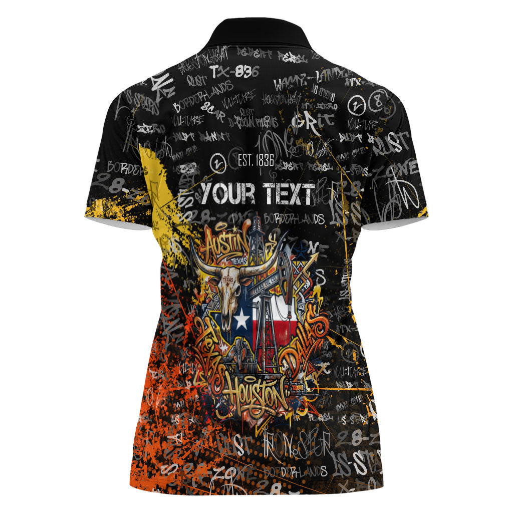Personalized Texas State Pride Women Polo Shirt Urban Graffiti Style - Longhorn Skull - Oil Derrick Graphic