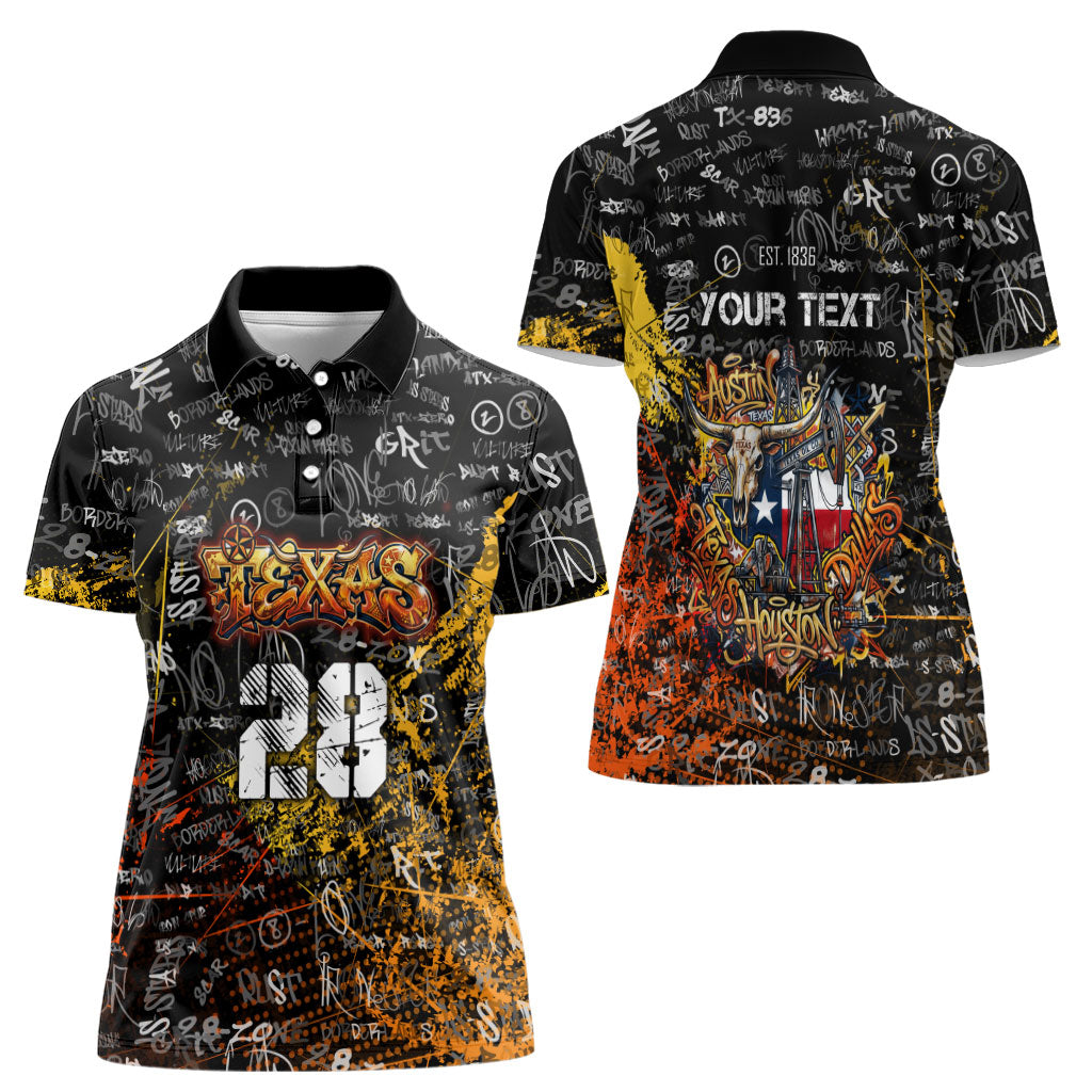 Personalized Texas State Pride Women Polo Shirt Urban Graffiti Style - Longhorn Skull - Oil Derrick Graphic