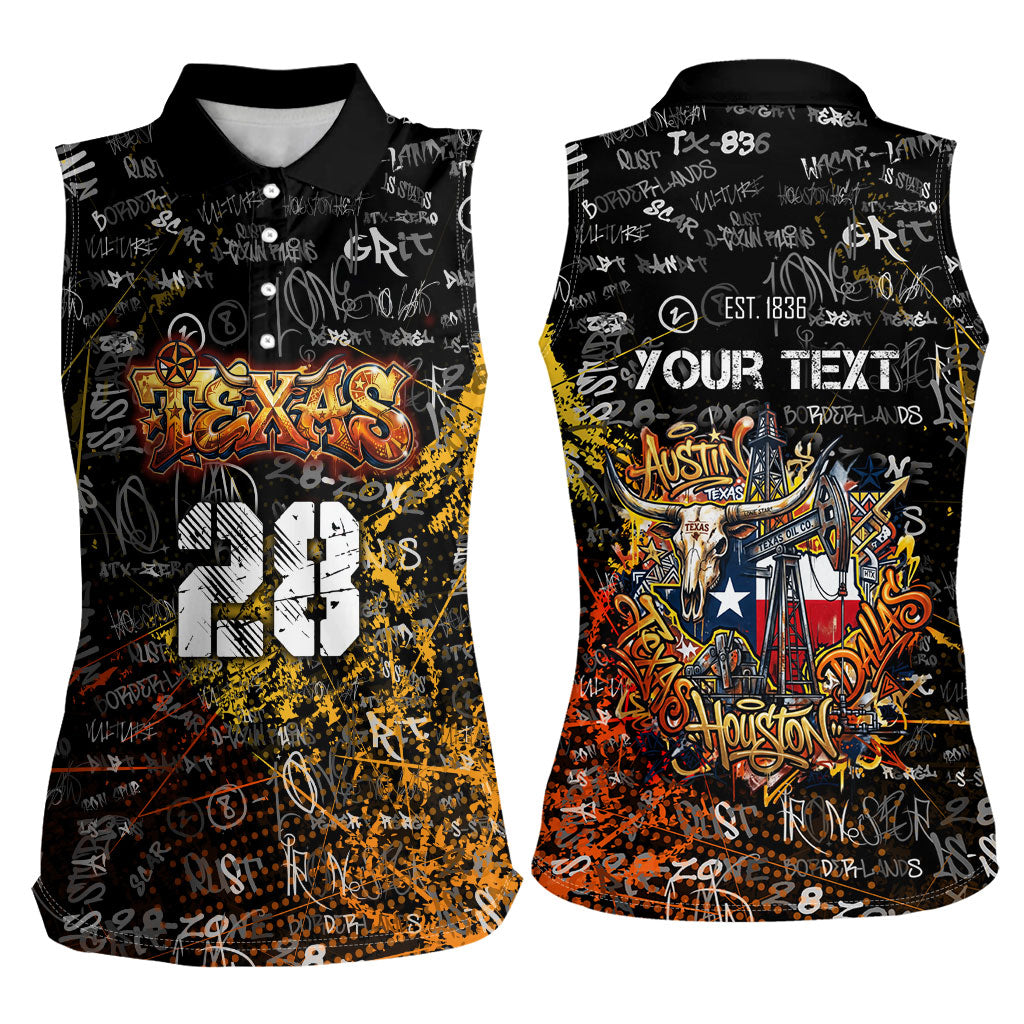 Personalized Texas State Pride Women Sleeveless Polo Shirt Urban Graffiti Style - Longhorn Skull - Oil Derrick Graphic