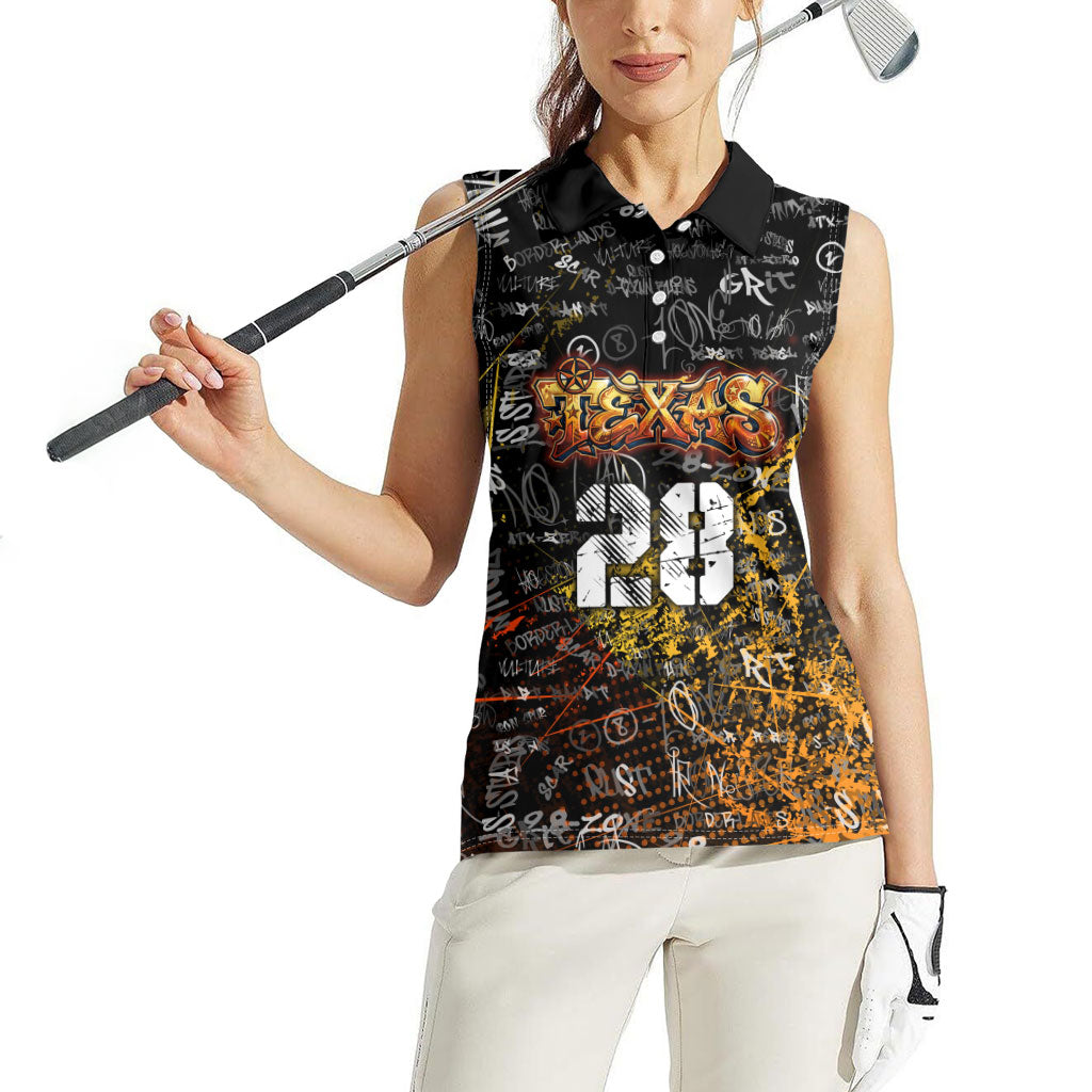Personalized Texas State Pride Women Sleeveless Polo Shirt Urban Graffiti Style - Longhorn Skull - Oil Derrick Graphic