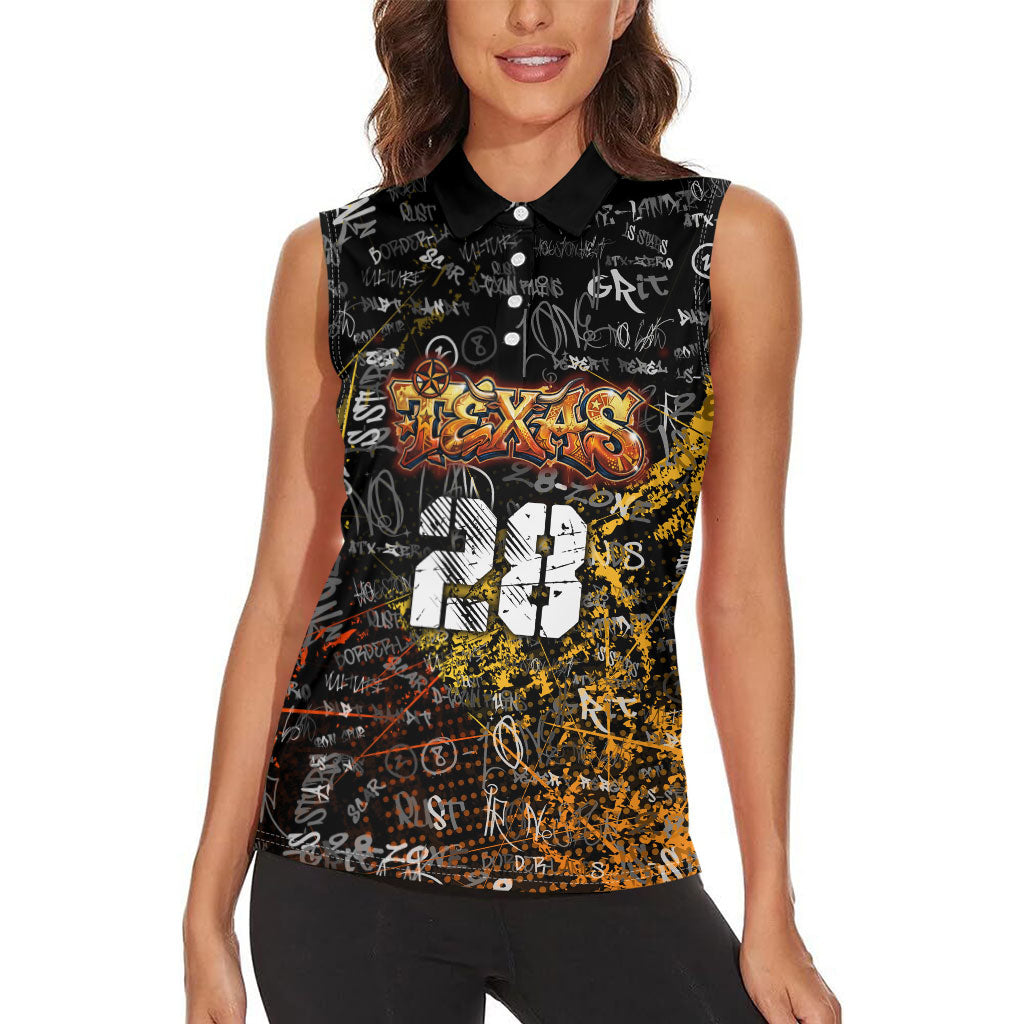 Personalized Texas State Pride Women Sleeveless Polo Shirt Urban Graffiti Style - Longhorn Skull - Oil Derrick Graphic