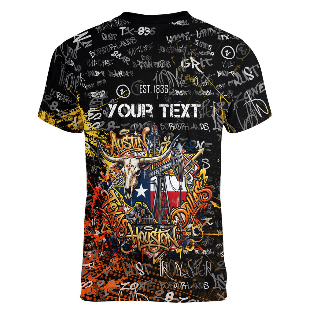 Personalized Texas State Pride Women V-Neck T-Shirt Urban Graffiti Style - Longhorn Skull - Oil Derrick Graphic