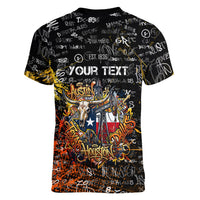 Personalized Texas State Pride Women V-Neck T-Shirt Urban Graffiti Style - Longhorn Skull - Oil Derrick Graphic