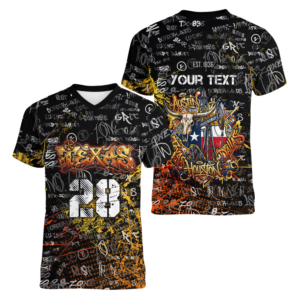 Personalized Texas State Pride Women V-Neck T-Shirt Urban Graffiti Style - Longhorn Skull - Oil Derrick Graphic