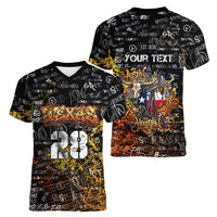 Personalized Texas State Pride Women V-Neck T-Shirt Urban Graffiti Style - Longhorn Skull - Oil Derrick Graphic