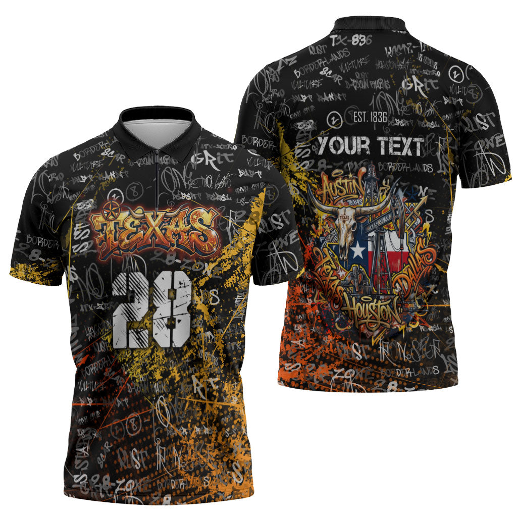 Personalized Texas State Pride Zipper Polo Shirt Urban Graffiti Style - Longhorn Skull - Oil Derrick Graphic