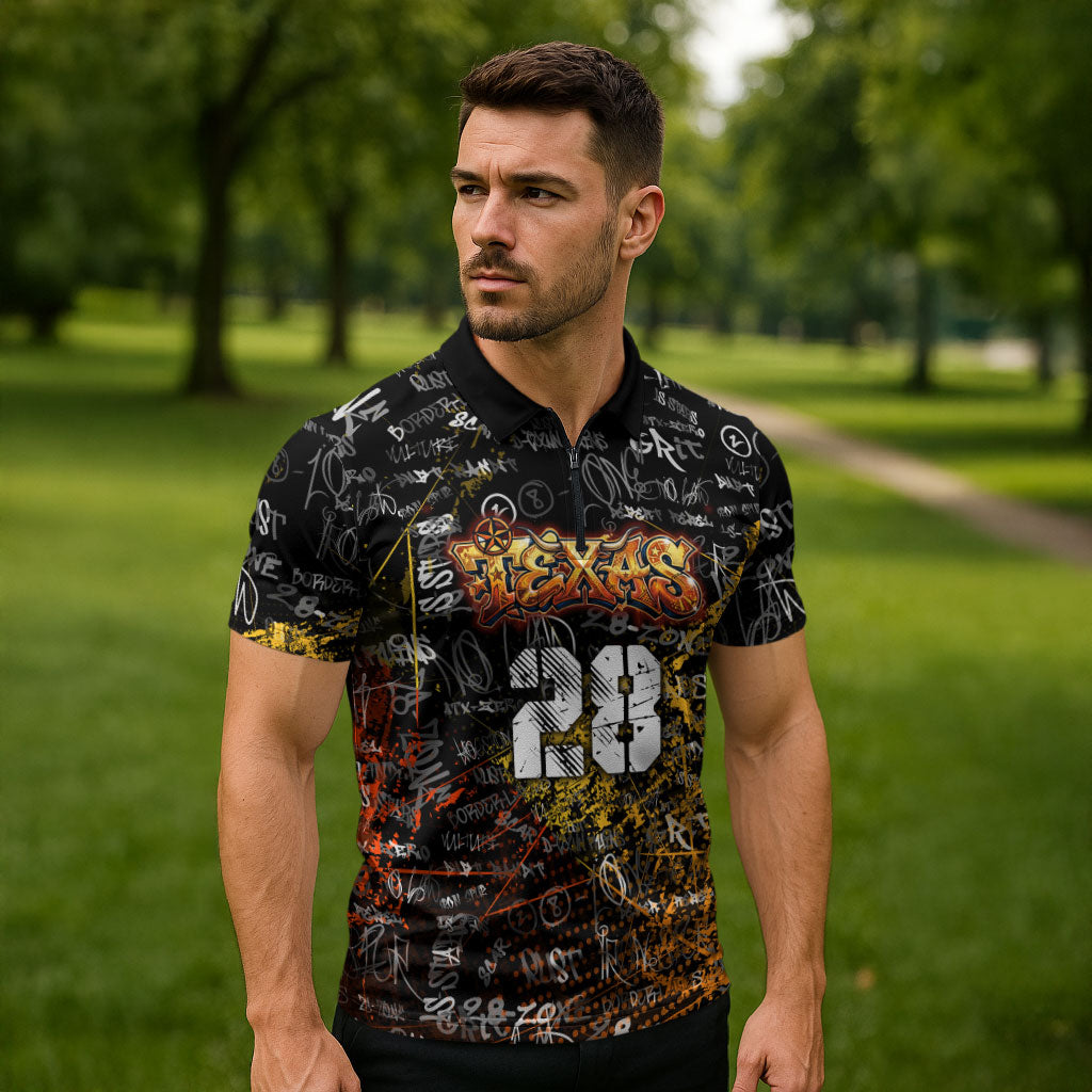 Personalized Texas State Pride Zipper Polo Shirt Urban Graffiti Style - Longhorn Skull - Oil Derrick Graphic