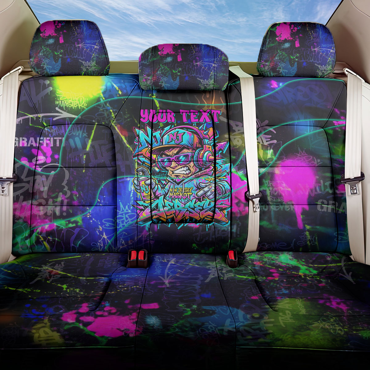 Personalized New Jersey Graffiti Mascot Back Car Seat Cover Urban Street Art - Vibrant Neon Spray Paint Aesthetic