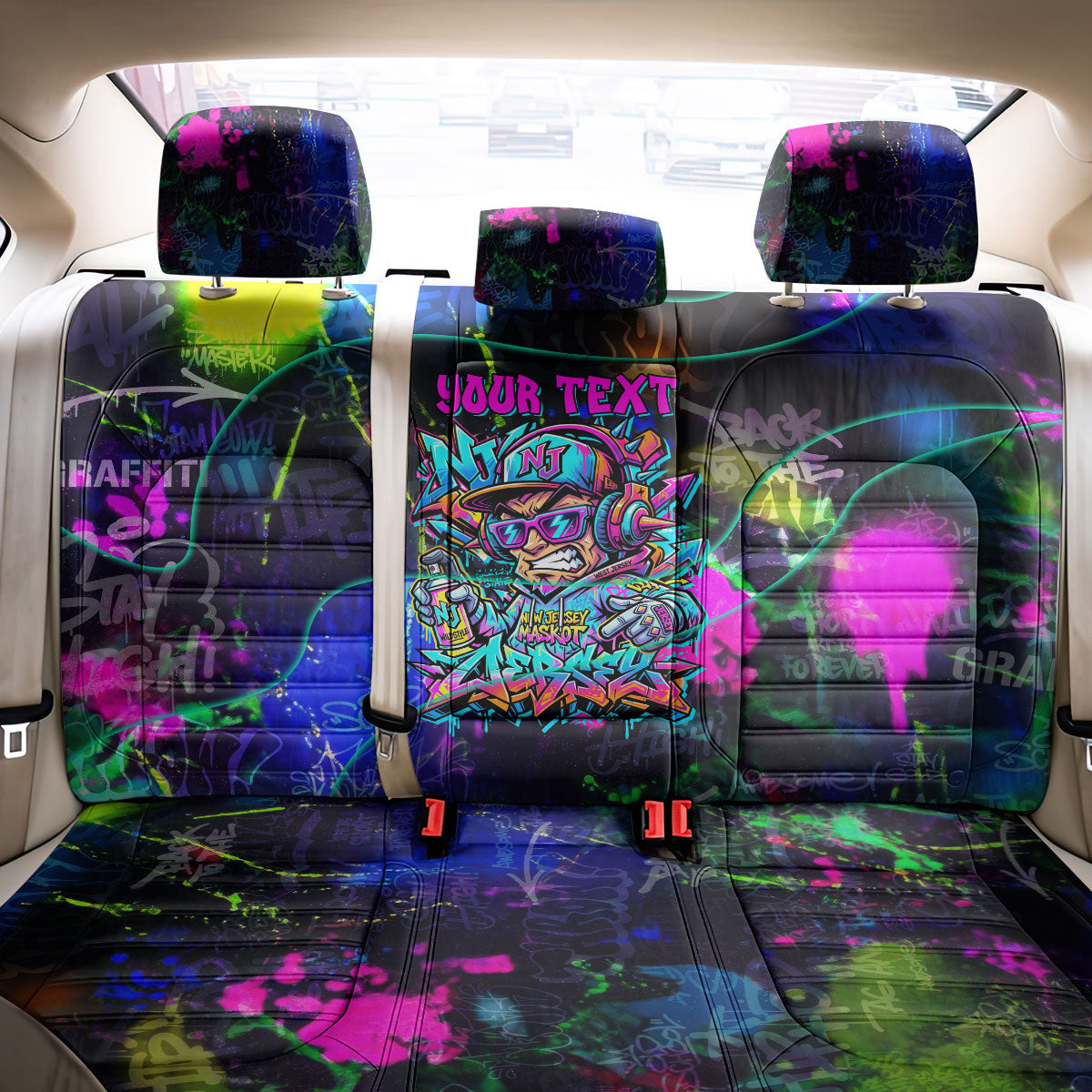 Personalized New Jersey Graffiti Mascot Back Car Seat Cover Urban Street Art - Vibrant Neon Spray Paint Aesthetic