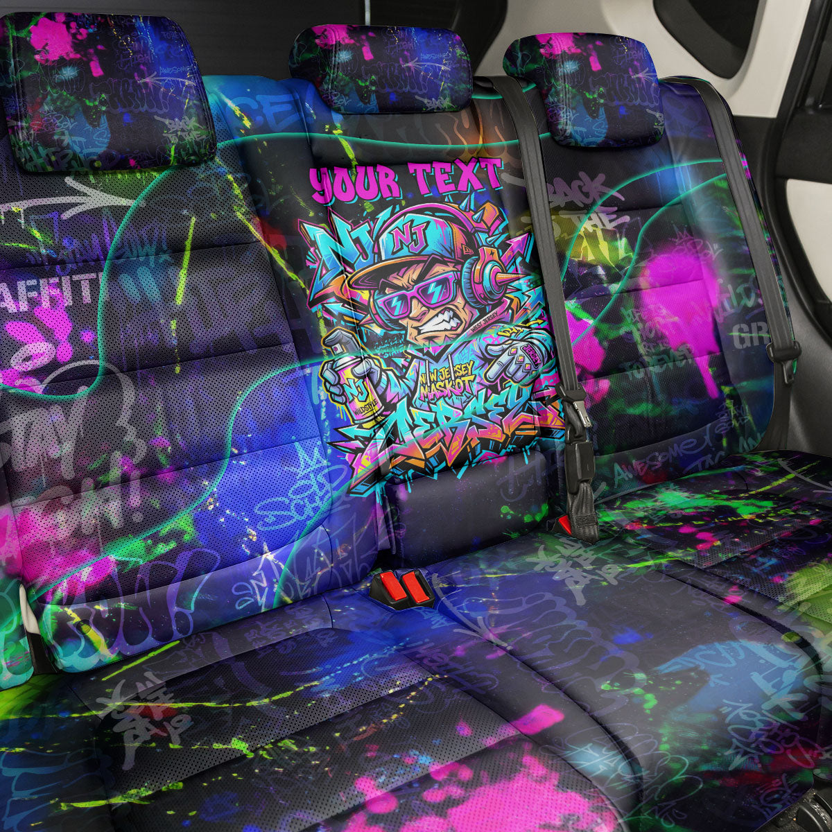 Personalized New Jersey Graffiti Mascot Back Car Seat Cover Urban Street Art - Vibrant Neon Spray Paint Aesthetic