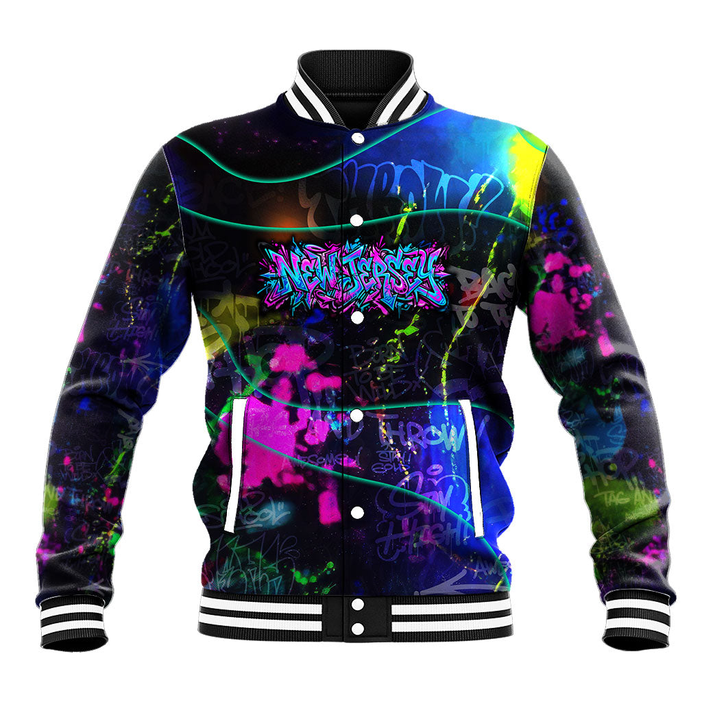 Personalized New Jersey Graffiti Mascot Baseball Jacket Urban Street Art - Vibrant Neon Spray Paint Aesthetic