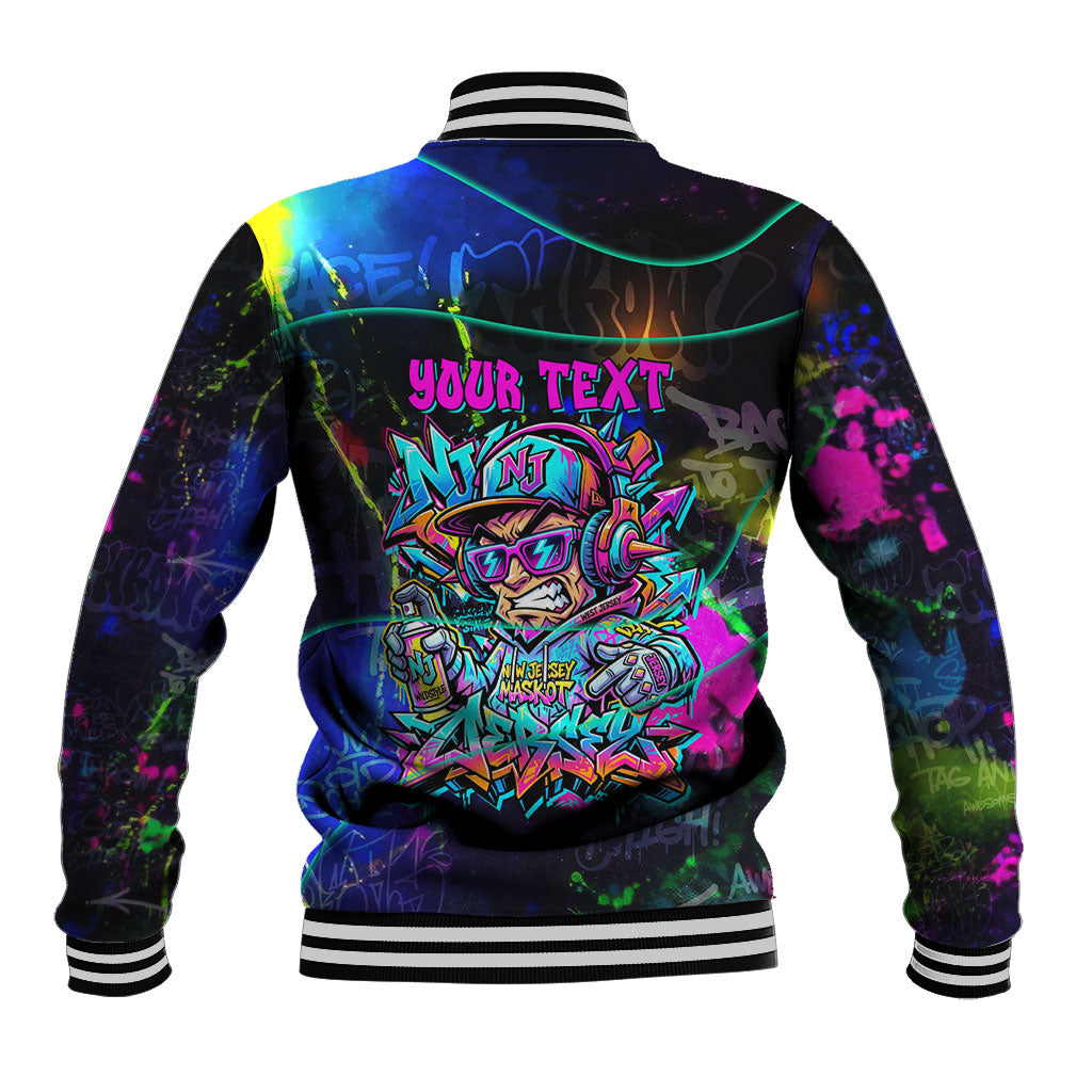 Personalized New Jersey Graffiti Mascot Baseball Jacket Urban Street Art - Vibrant Neon Spray Paint Aesthetic